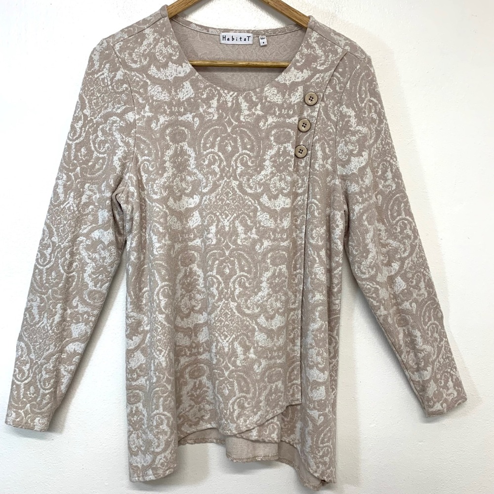 Habitat Jacquard Button Front Asymmetric Long Sleeve Knit Top Stretch Lagenlook